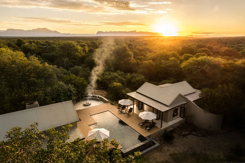 Ujima lodge and pool at sunset